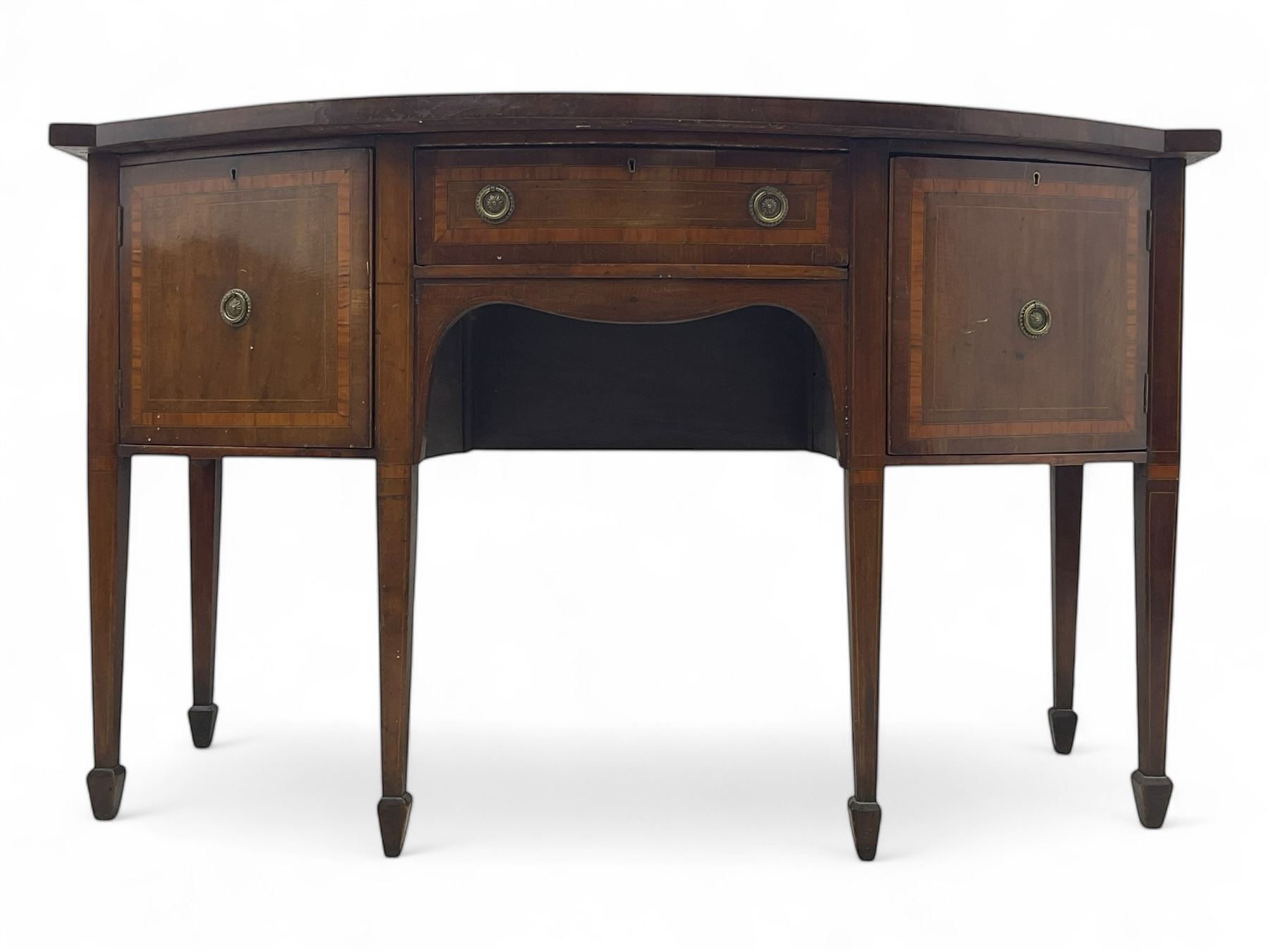 Early 19th century inlaid mahogany bow-fronted sideboard, the top inlaid with satinwood band, fitted with two cupboards and single drawer, on square tapering supports with spade feet 
