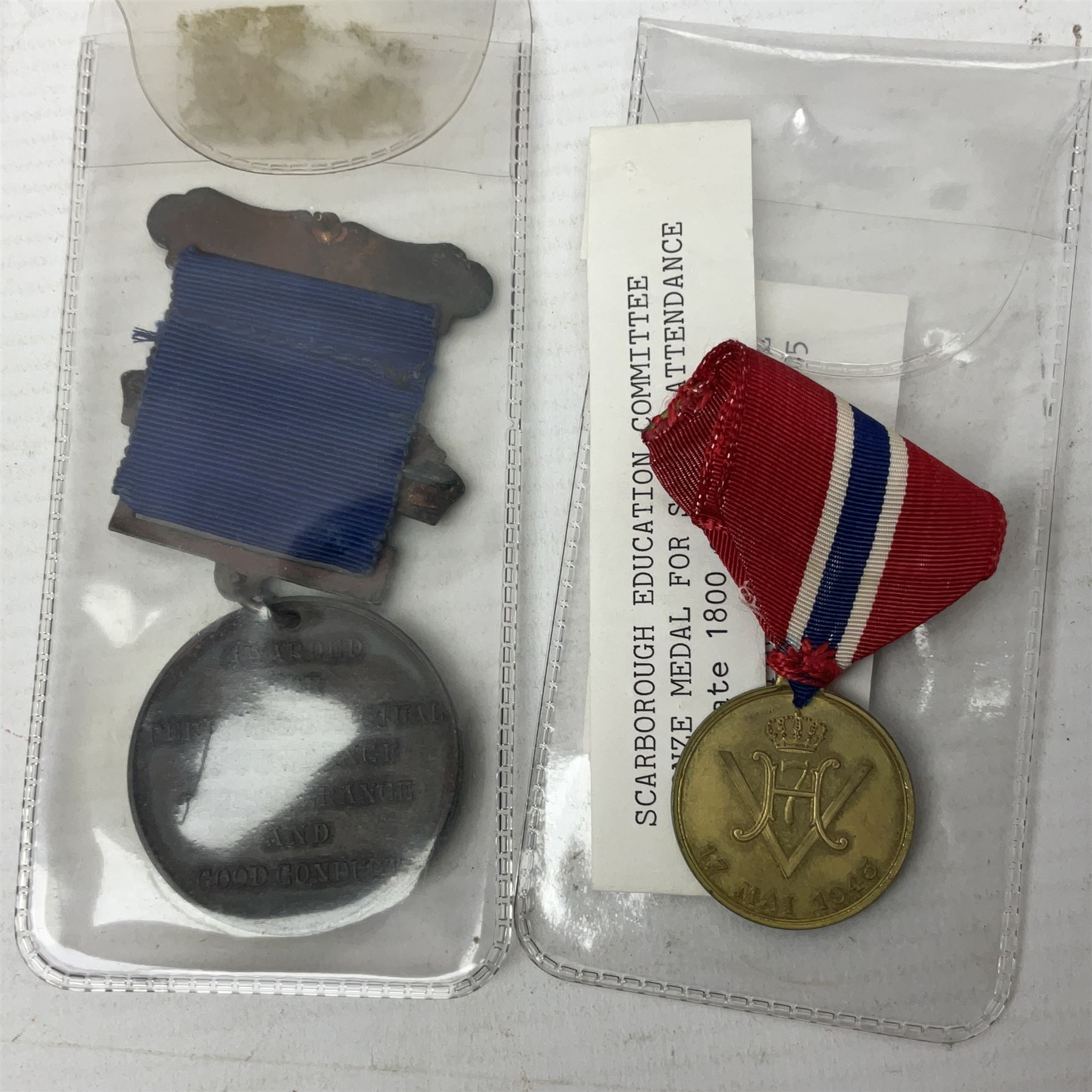 Japanese Order of the Sacred Treasure Medal (Zaihosho) in lacquered box; Norwegian Grunnlovsdag 1945 Medal with National Flag ribbon; three school attendance medals; four Royalty commemorative medals including both Victoria jubilees; quantity of medal ribbons and medal bars; medal issue boxes; badges; booklets etc