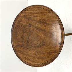 Early 19th century tripod table, circular dished mahogany top with moulded edge on fruitwood stem, three splayed ash supports
