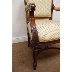  19th century open armchair, moulded mahogany frame carved with acanthus and scrolls, upholstered seat, back and arm pads, on tapering fluted supports with curved X stretcher, H98cm  