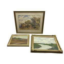 Harvest Scene, 19th century watercolour signed Price 38cm x 54cm, and two gilt framed oils (3)