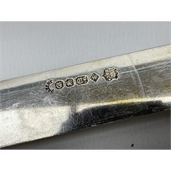 Victorian silver plated dessert set by Elkington & Co for twelve place settings, each reeded handle with vacant cartouche, each with Elkington & Co mark, date letter for 1861, and registration lozenge, contained within a mahogany case with vacant brass cartouche to the hinged cover, opening to reveal a Royal blue baize lined interior with removable tray, case H6cm W29.5cm D26.5cm