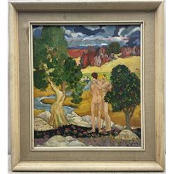 Attrib. Anna 'Nan' Hope Hudson (American 1889-1957): 'Expulsion', oil on board signed, titled on exhibition label verso 44cm x 39cm