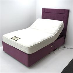 Electrical adjustable 4' small double divan base bed, purple buttoned headboard with Beevers mattress