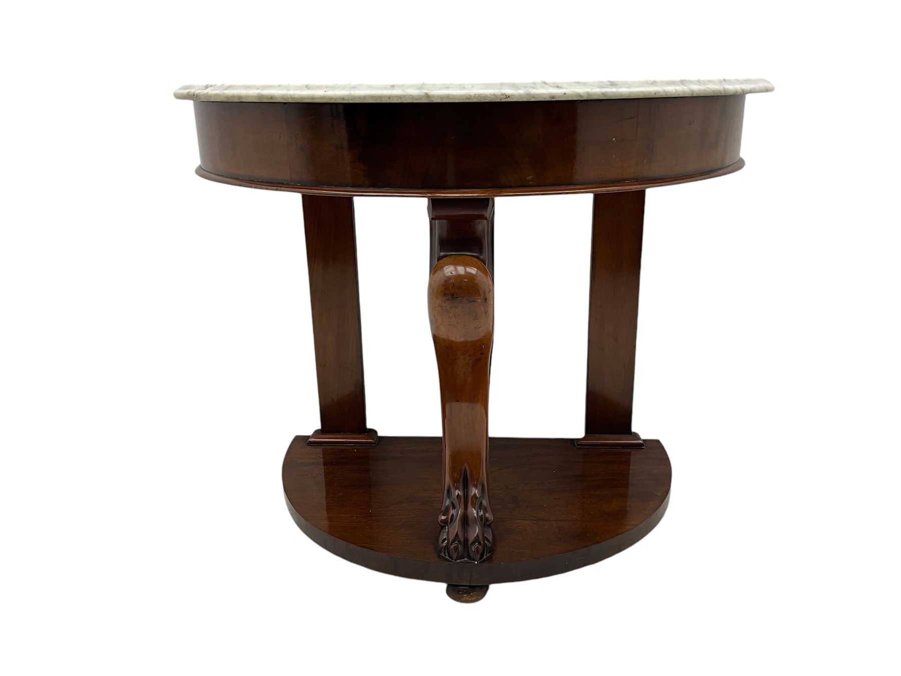 Victorian mahogany and marble demi-lune console table, moulded white and grey veined marble top, on cabriole support carved with paw, demi-lune undertier over compressed bun feet 