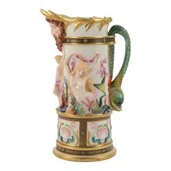 Royal Worcester Neptune pitcher, decorated in relief with mermaids, shells and seaweed abo...