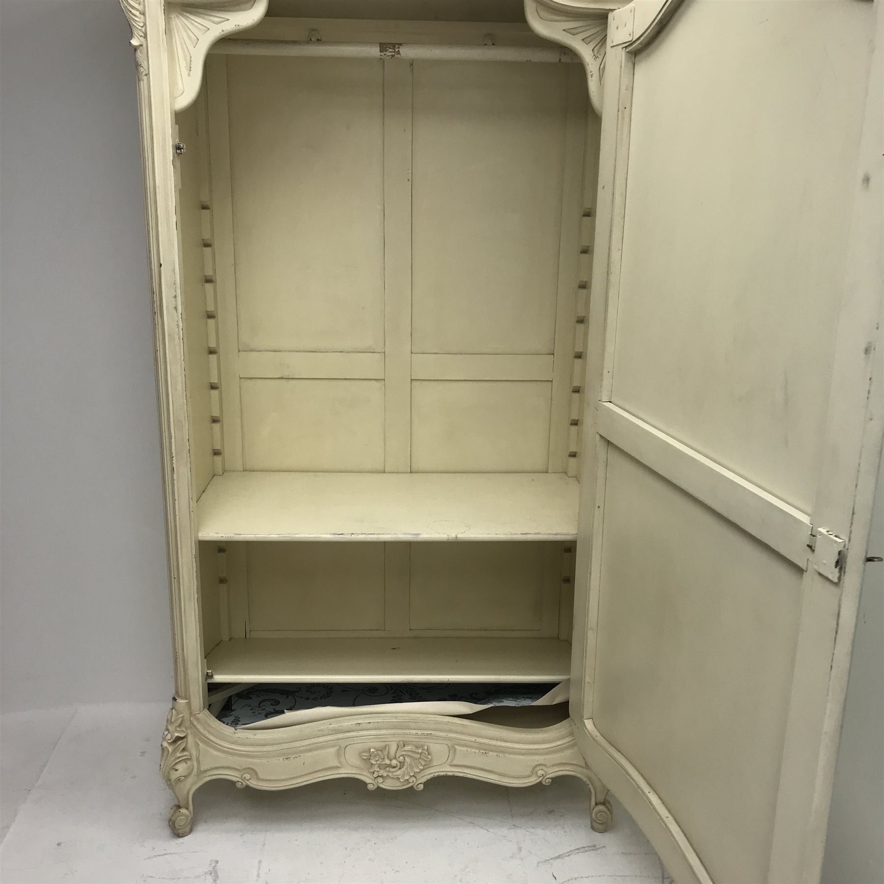 Large French style wardrobe, arched top with pediment, single mirrored door enclosing hanging rail and shelves, acanthus carved cabriole feet, W112cm, H240cm, D60cm