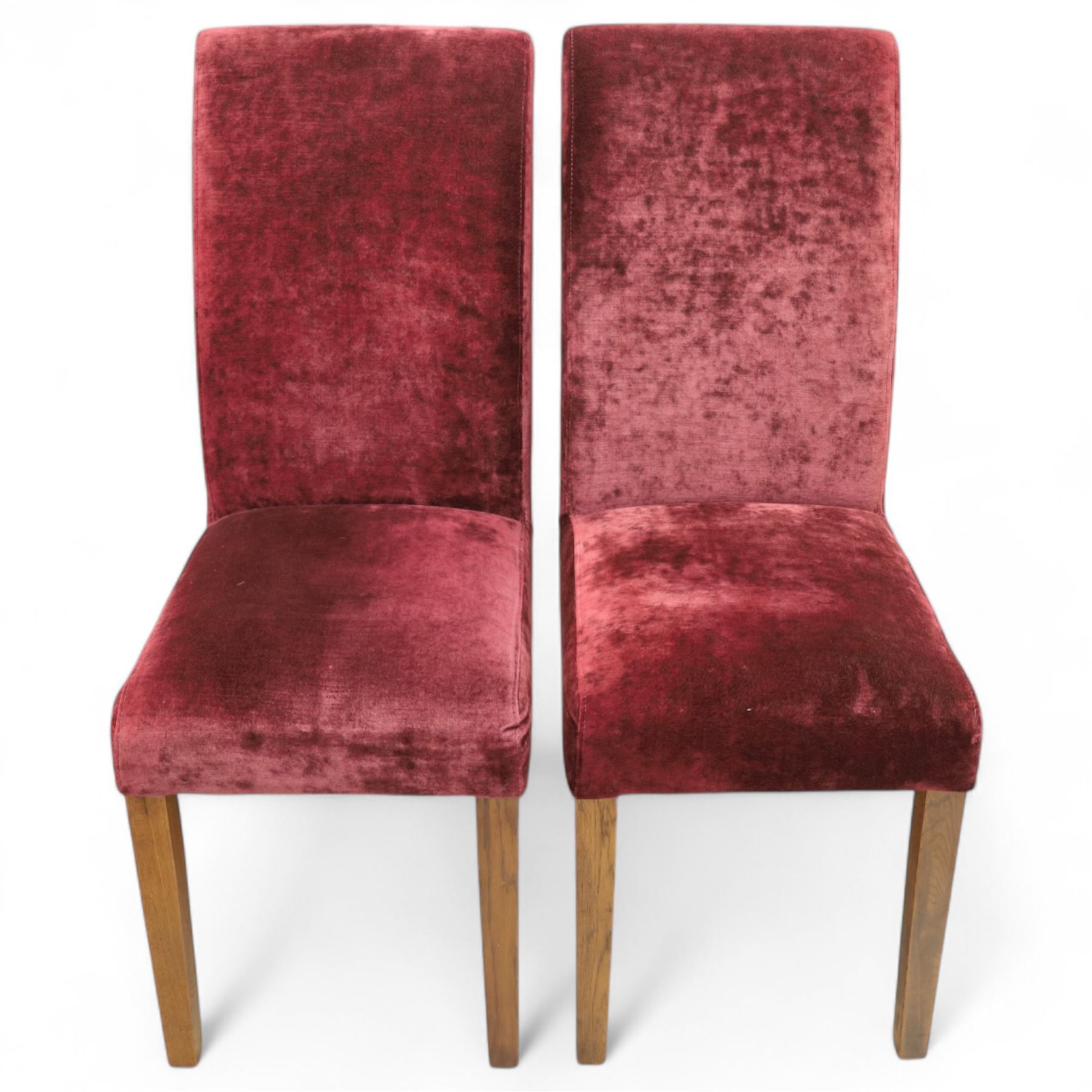 Willis & Gambier - mahogany extending dining table, rectangular top with rounded corners on cabriole legs, with two 35cm extension leaves, four Willis & Gambier upholstered high back chairs and four mahogany chairs, upholstered in a stripped multi-coloured velvet fabric, with scroll-shaped top rail, lyre-shaped back splat on cabriole legs, chairs W46xD91x97cm (11) 