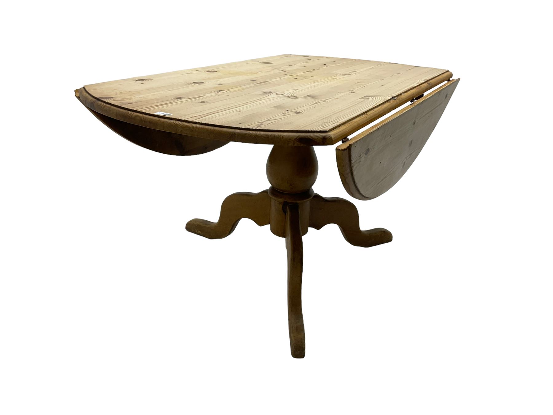 Pine drop-leaf dining table, circular top on vasiform pedestal vase with tripod cabriole supports