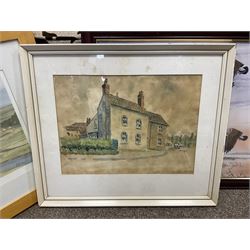 G A Townsend (British 20th century) 'The Trout Inn', watercolor signed and dated; M C W (British 20th century) The Wolds watercolor signed and dates, together with another watercolour and three landscape prints