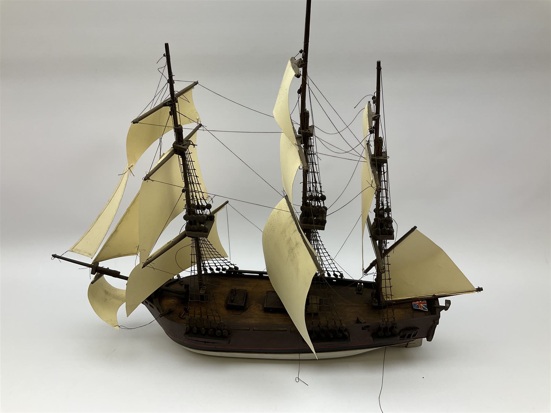 Late 19th, early 20th century, scratch built model of a three masted sailing ship with rigging, H50cm 
