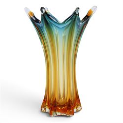 Zecchin vase, painted with reds, greens and yellows, together with a Murano vase with fluted rim, tallest H28cm
