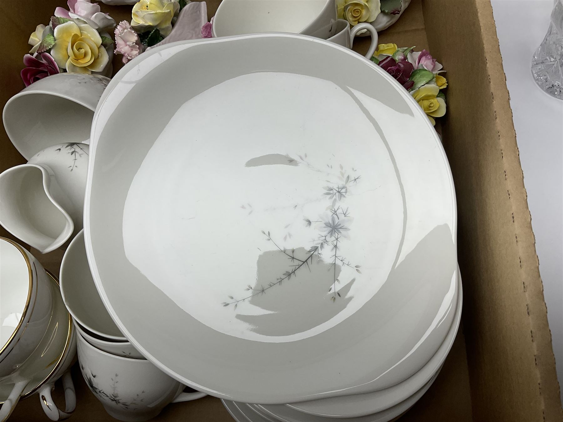 Royal Doulton Greenbrier pattern tea wares, together with a collection of porcelain flowers, Murano style coloured glass bowls, other ceramics and glassware, in four boxes 