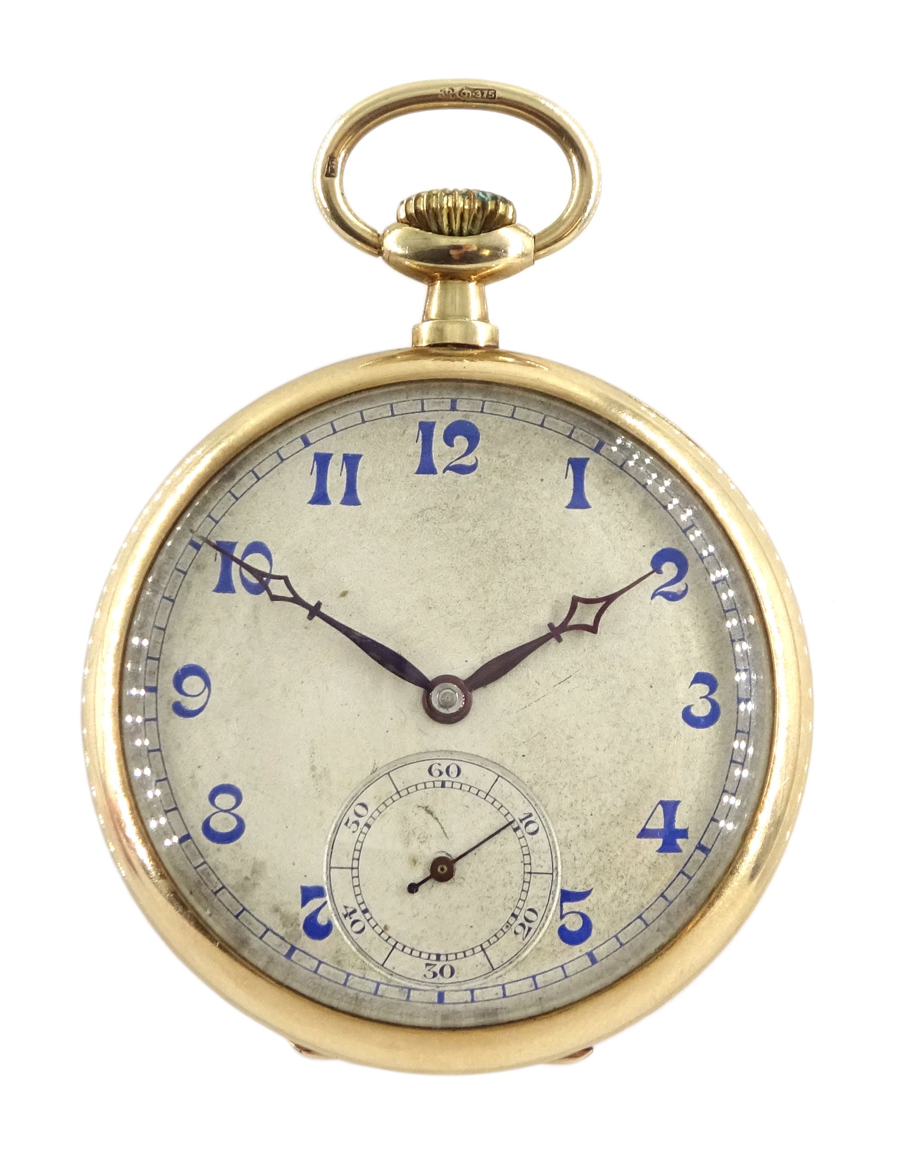 Early 20th century Swiss 9ct gold open face, keyless slimline pocket watch, Poinçon de Maître hammer head, No.115, blue Arabic numerals and subsidiary seconds dial, engine turned sunburst back case with cartouche, London import marks 1926