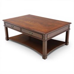 Georgian style mahogany coffee table, rectangular moulded top with crossbanded border and line inlay, fitted with two cock-beaded frieze drawers with ornate brass swan neck handles and shaped backplates, opposing false drawer fronts, raised on square tapering supports united by a concave undertier