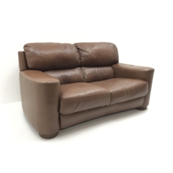 Two seat chocolate faux leather sofa, turned supports, W180cm