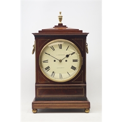  Regency figured mahogany bracket clock, stepped sarcophagus top with turned brass finial, grille panelled sides, acanthus ring handles and brass inlay, Roman dial signed 'A. Burger, London', twin fusee movement striking the hours on bell, with strike/silent lever, H51cm  