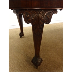  Early 20th century Georgian style mahogany extending dining table, moulded top, acanthus carved cabriole legs, ball and claw feet on castors, two leaves (W213cm, H75cm, D106cm)  and set six (4+2) Hepplewhite style dining chairs (W59cm) (9)  