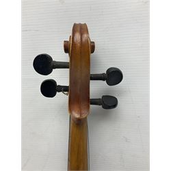 Saxony (?) violin c1950 with 36cm two-piece maple back and ribs and spruce top; bears label 'The Maidstone School Orchestra Association' L59cm overall; and 1950s Czechoslovakian violin for restoration; both in carrying cases (2)