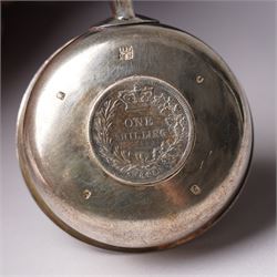 Victorian Scottish silver toddy ladle, the bowl inset with a Victorian shilling coin and with twisted whale bone handle Glasgow 1850 Maker Blaikley & Good, embossed silver drum mustard pot and and an oval mustard pot Sheffield 1902 (3)