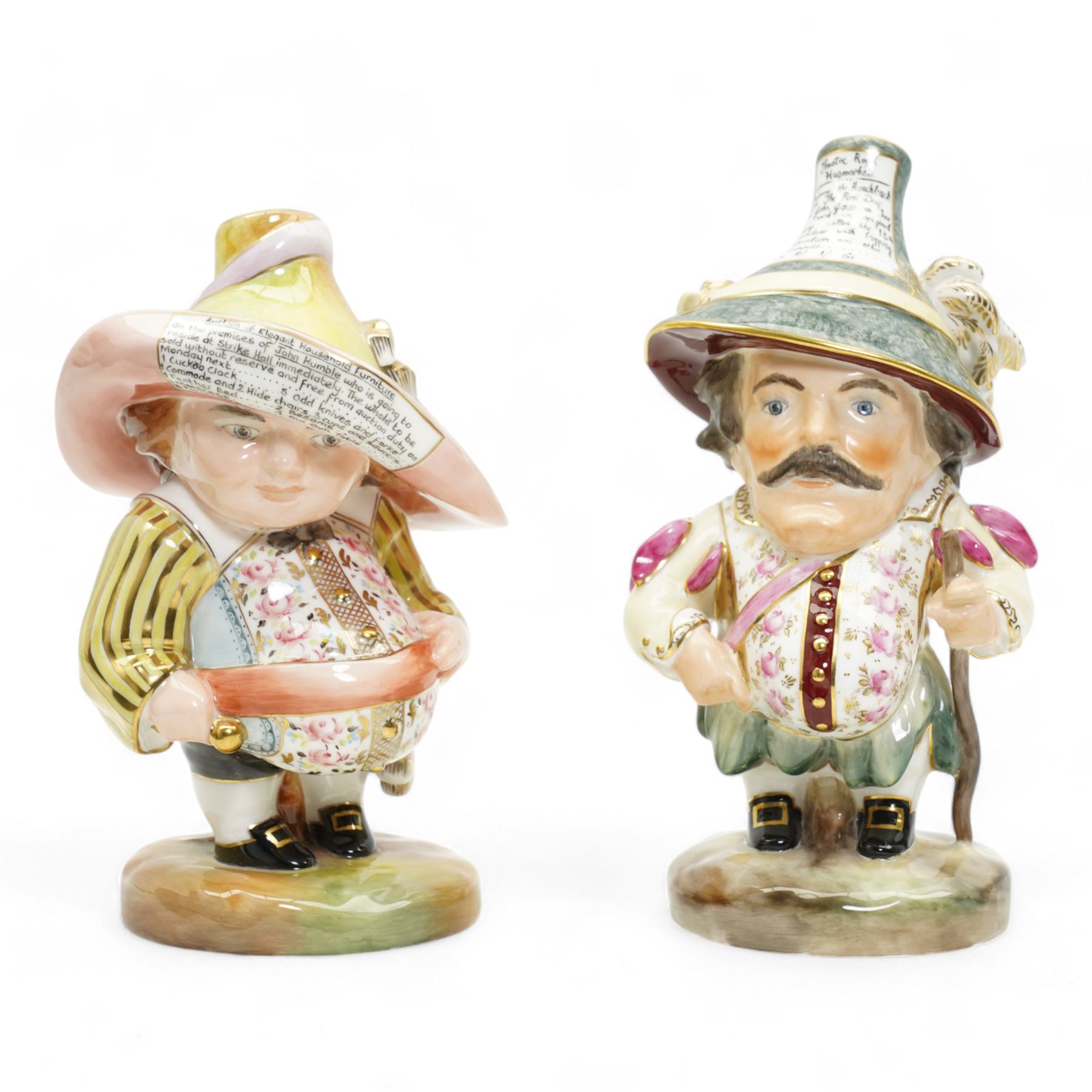 Sampson Hancock Derby 'Theatre Road Haymarket' Mansion House Dwarf, signed M. Mason, painted marks beneath, H18cm and a Royal Crown Derby 'Auction of Elegant Household Furniture' Mansion House Dwarf, signed J. Etherington, dated 2006, printed marks (2)