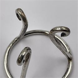 Modern silver limited edition Easter egg, no. 70/500, the openwork lattice body decorated with gilded panels of flower heads, opening to reveal a gilt interior, upon silver stand with three scrolling pad feet, each hallmarked St James House Company, London 1979, height including stand 8cm