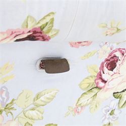 Traditional design scroll end chaise longue Ottoman, floral upholstered buttoned seat hinged to reveal a red lined interior, with reclining scroll end, raised upon squat bun feet