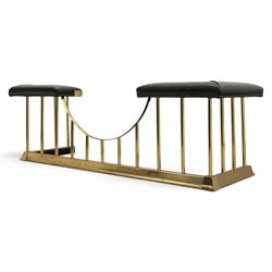 Regency design brass and green leather club fender, padded cushion corners