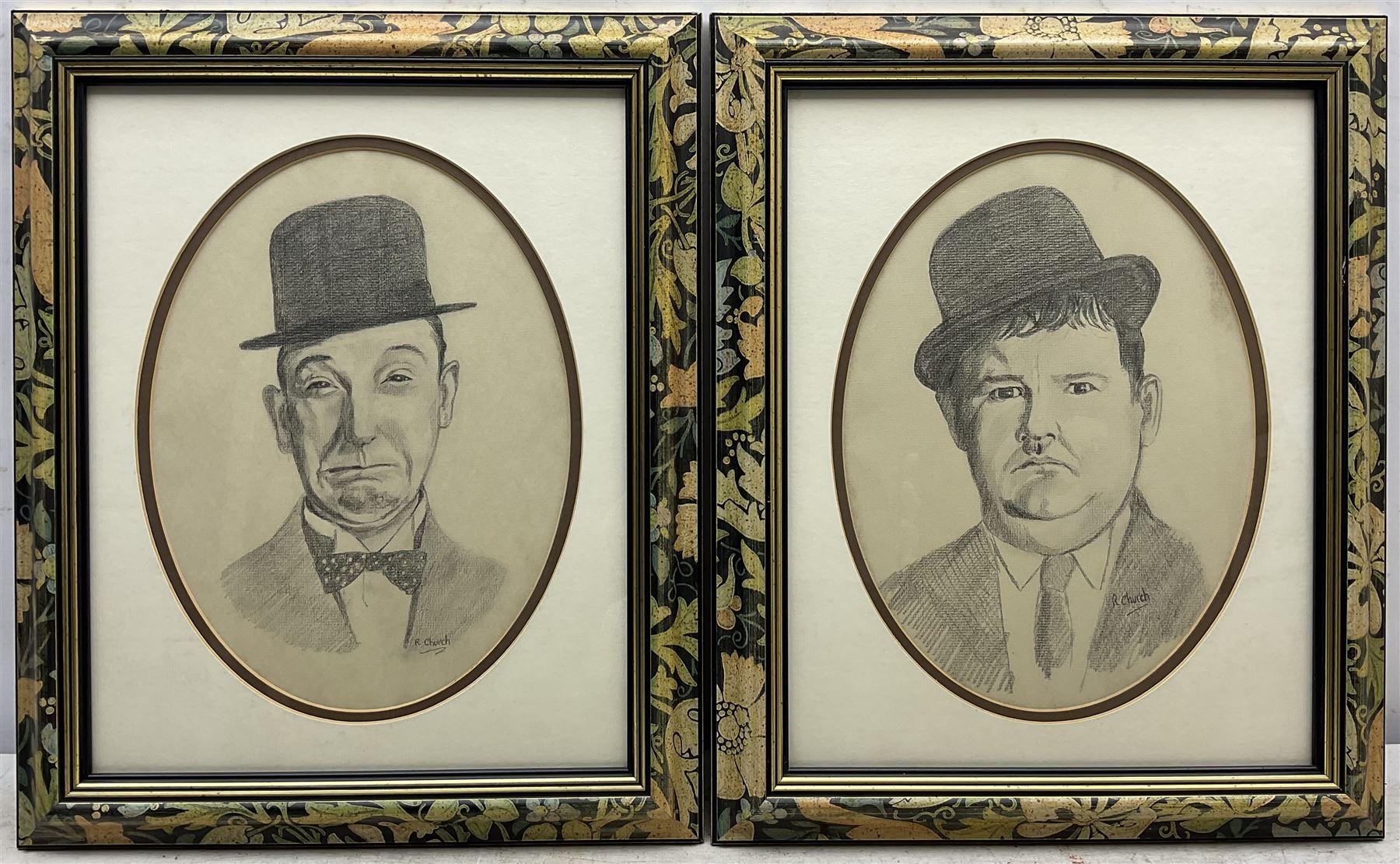 R Church (British late 20th century): Laurel and Hardy, pair oval pencil drawings signed 28cm x 21cm (2)