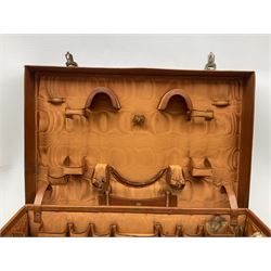Vintage leather traveling case with monogram to cover, with watered silk lining to interior, and some contents, plus a further vintage travel case, (2)