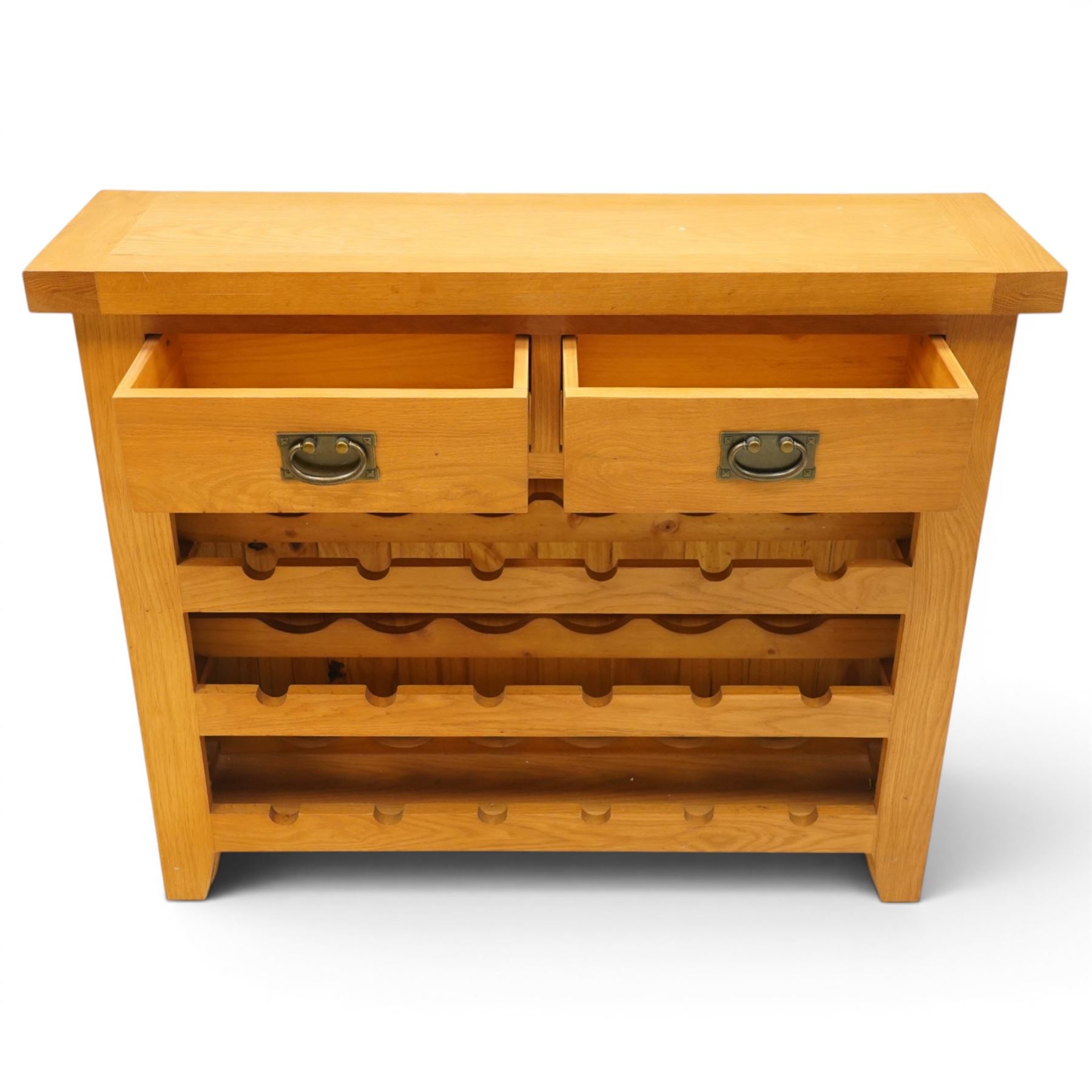 Contemporary solid oak wine rack console table, rectangular top fitted with two drawers, over a three-tier wine rack for twenty-four bottles, on square canted feet