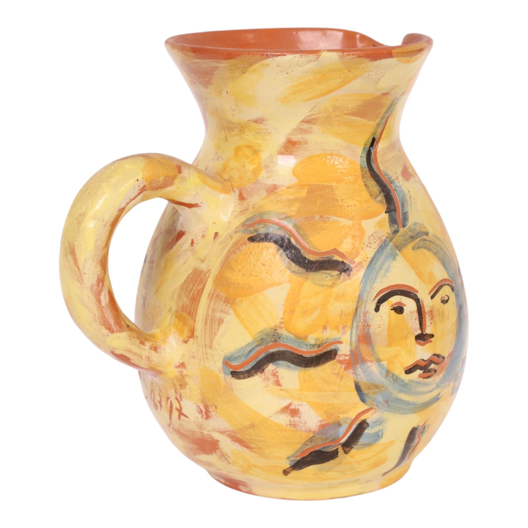 Vallauris French pottery by Patrick Bocca Rossa, jug painted with sun motifs upon a yellow ground, and an octagonal plate with a face to the center, both signed, jug H22cm 