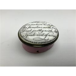 Late 18th century Staffordshire enamel patch box, of oval form with pink base, the hinged cover inscribed 'Have Communion with few, Be familiar with One, Deal justly with All, Speak evil of none' upon a white ground, opening to reveal mirror beneath, W4cm
