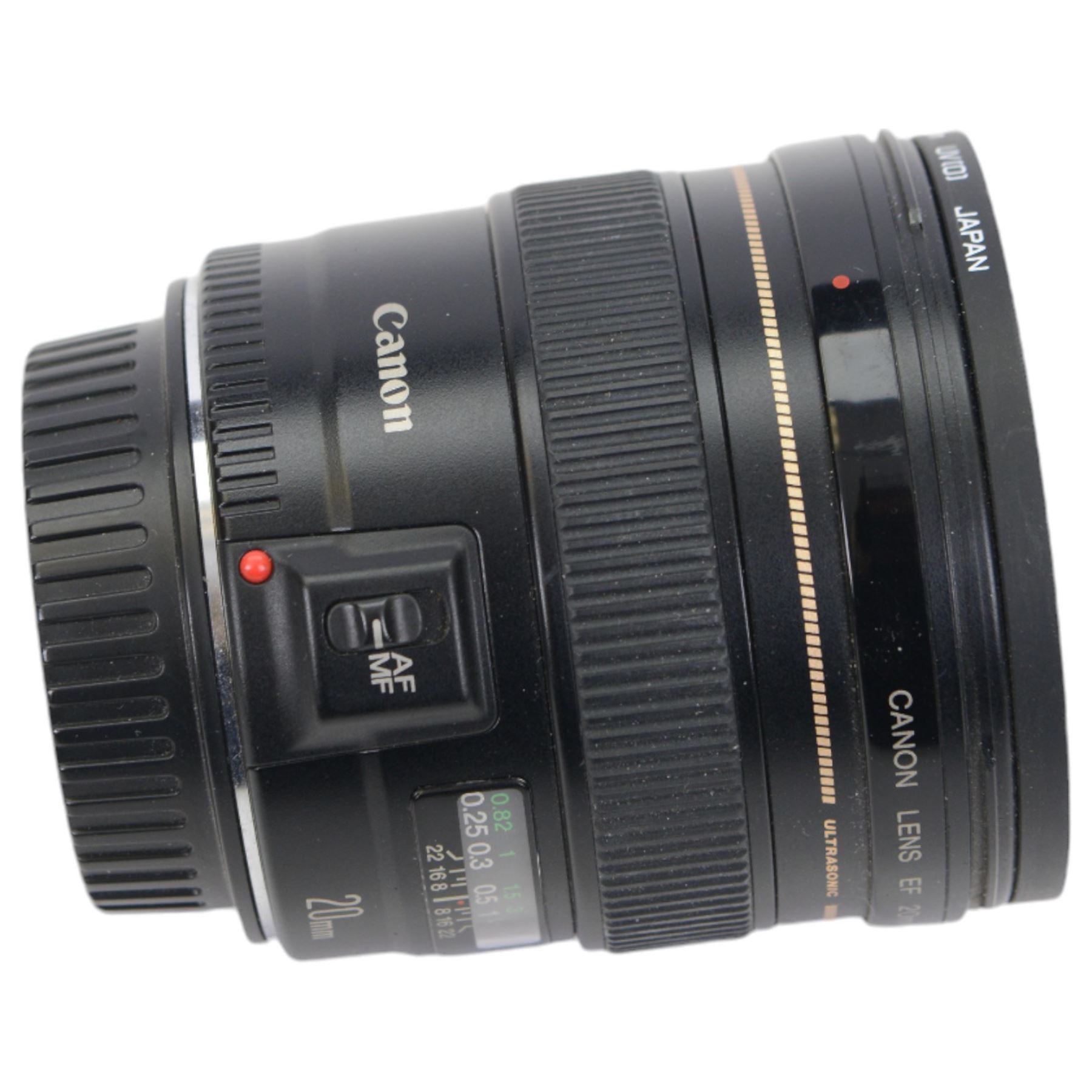 Two Canon Ultrasonic lenses, comprising EF 75-300mm 1:4-5.6 IS zoom lens serial no. 03201196 and EF 20mm 1:2.8 lens serial no. 5100131C, with a Canon EW-75II lens hood