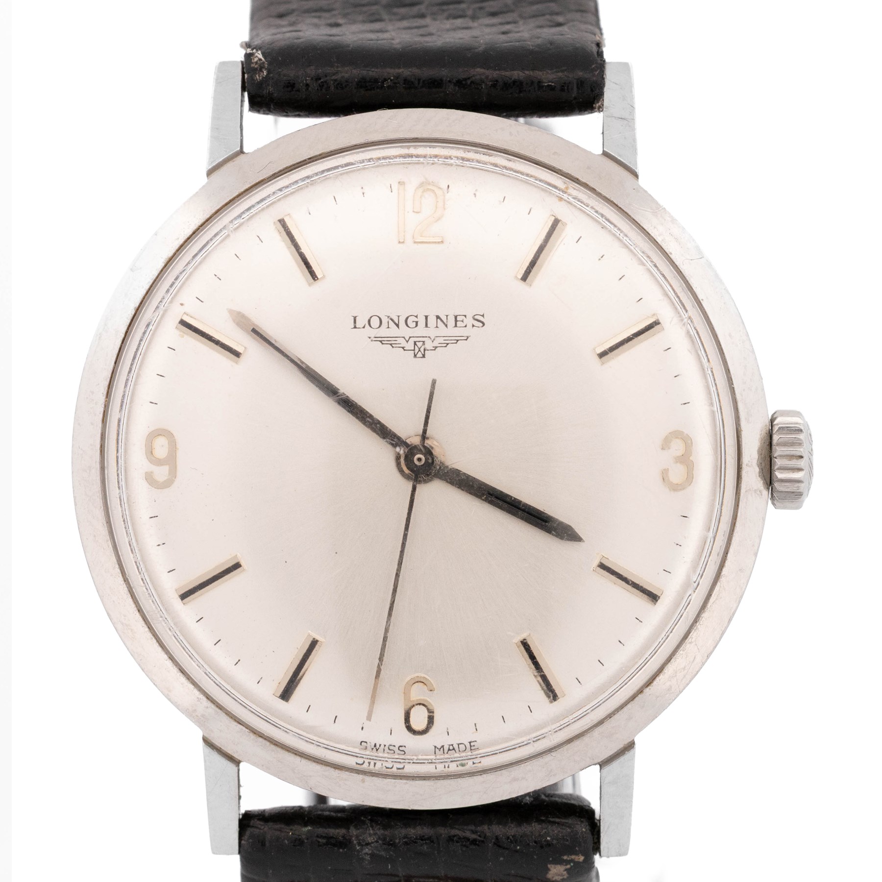 Longines gentleman's stainless steel manual wind wristwatch, circa 1960's, Ref. 7839 3, Cal. 284, silvered dial with baton and Arabic hour markers, on black leather strap