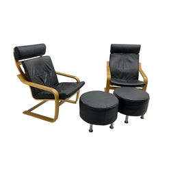 IKEA - pair 'Poang' armchairs, oak finish frames with black leather seat cushions, and two circular footstools