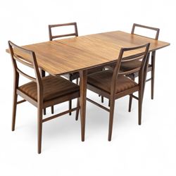 Richard Hornby for Fyne Ladye - mid-20th century afromosia teak dining table, tapered rectangular top with fluted edge and recess for spare leaf, raised on slender legs, four teak framed chairs, of ladder back design, with drop-in seat, upholstered seat, with tapered front legs and slightly raked rear legs,, table unextended width 106cm depth 79cm height 74cm with additional leaf 45cm wide- chairs width 48cm depth 41cm height 87cm 