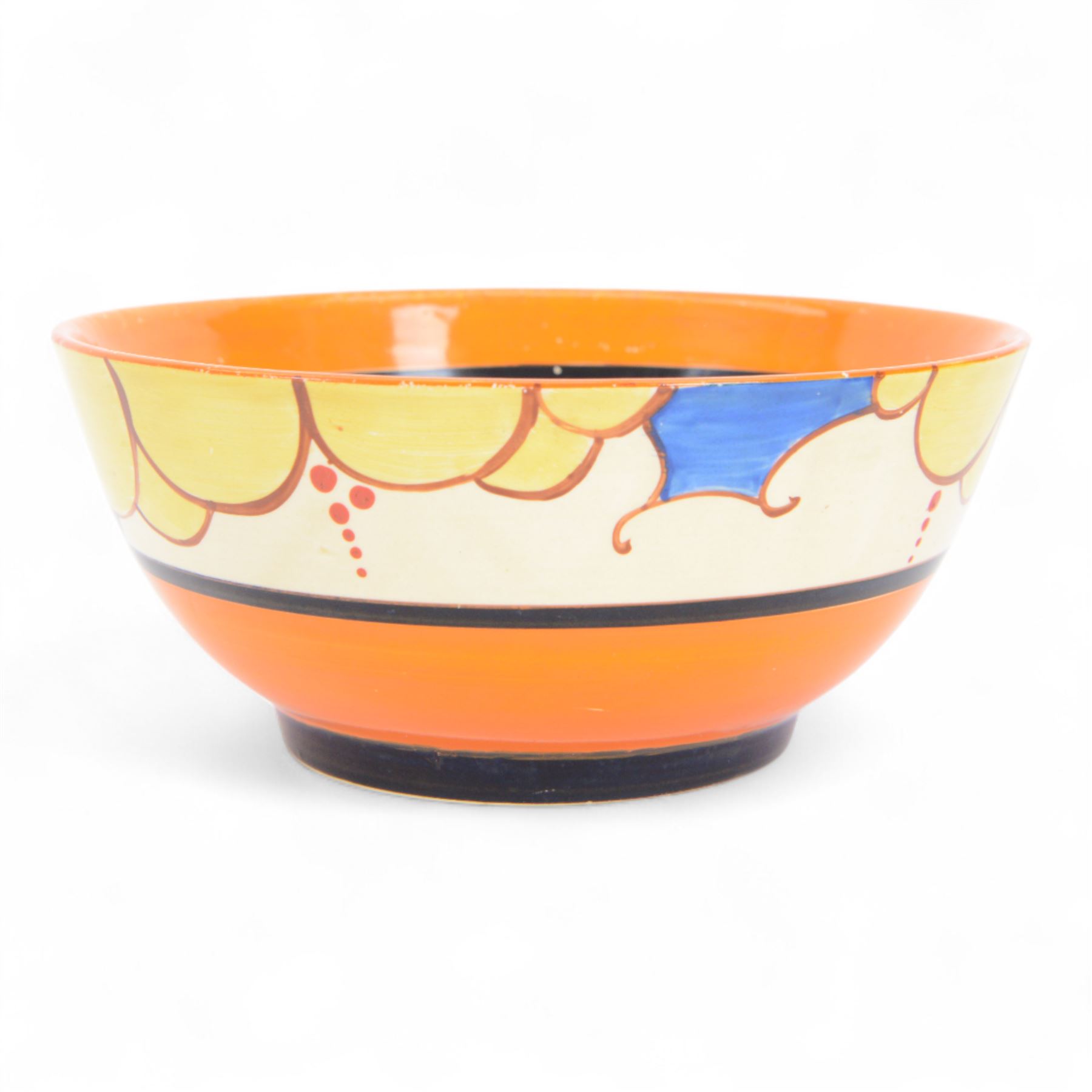 Clarice Cliff Fantasque Bizarre for Newport Pottery bowl, decorated in the Summerhouse pattern c.1931-1933, the exterior painted with stylised trees with yellow foliage and clouds bordered by black and orange bands, with black printed marks and impressed 1 1/2 beneath, D18.5cm