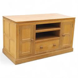 David 'Oakleafman' Langstaff - oak media cabinet, rectangular adzed top with carved leaf m...