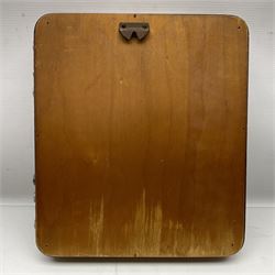 Wooden wall mounted perpetual calendar with printed rollers and chrome plated knobs to side, H30cm W27cm