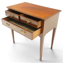 19th century mahogany lowboy, rectangular top with moulded edge over three cockbeaded drawers with brass handle plates, on square tapering supports