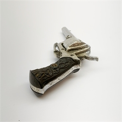 19th century plated Belgian 7mm pin-fire revolver, the six-shot cylinder inscribed 'The Young Lion 1881 New Pattern', with folding trigger and carved walnut split stock, barrel length 7.5cm, overall length 18.5cm
