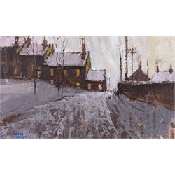 William Selby (Northern British 1933-): 'Cottages at Gunnerside' in Swaledale, oil on boar...