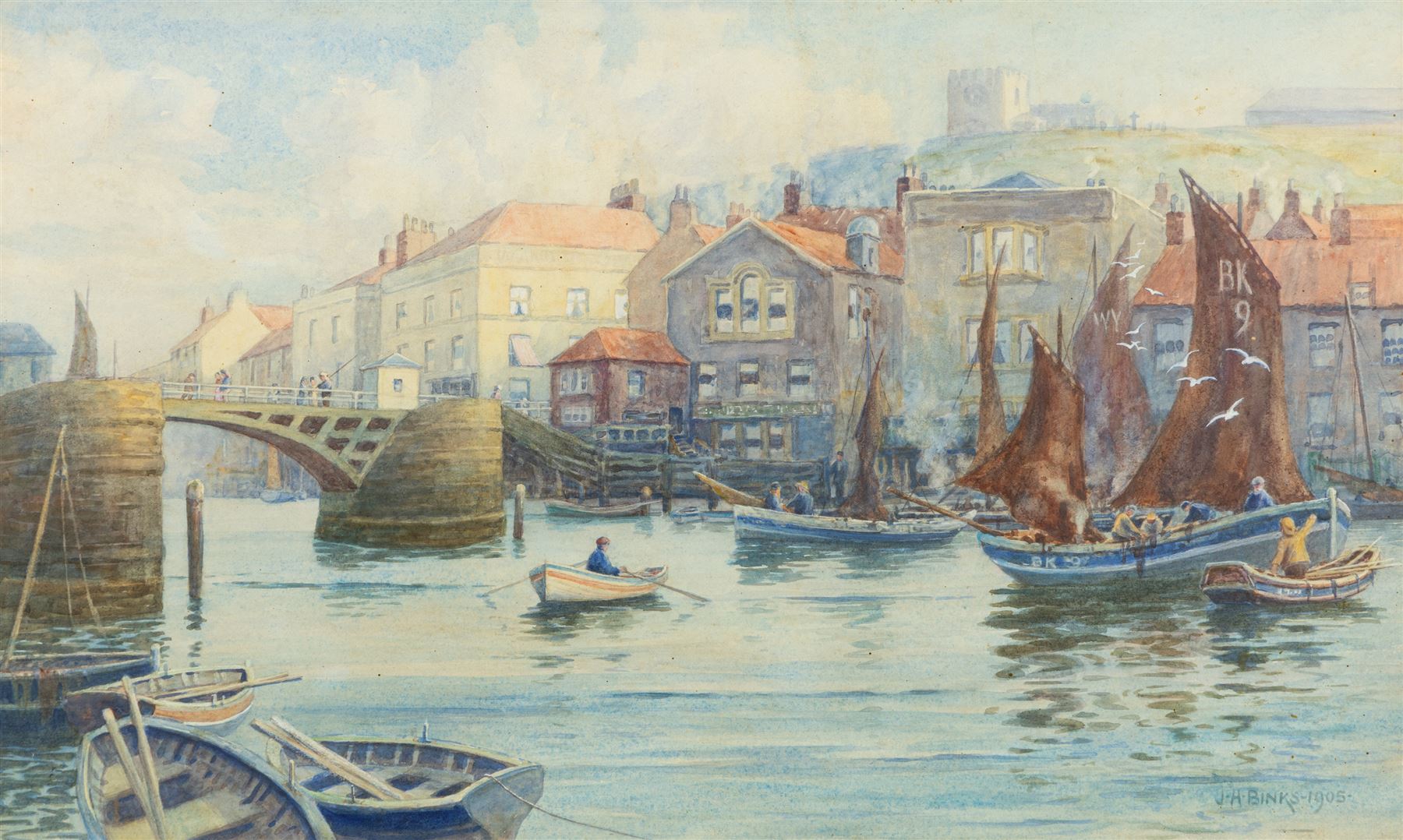 J H Binks (19th/20th Century): View of Whitby Harbour, watercolour signed and dated 1905, 30cm x 49cm