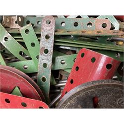 Meccano - quantity of playworn sections in red and green, in scratch-built pitch pine box with 3, 3A and 4A instruction booklets, box L43cm