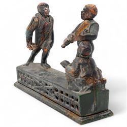 Late 19th century American 'Hometown Battery' money bank with moving baseball figures and traces of original paint W23cm