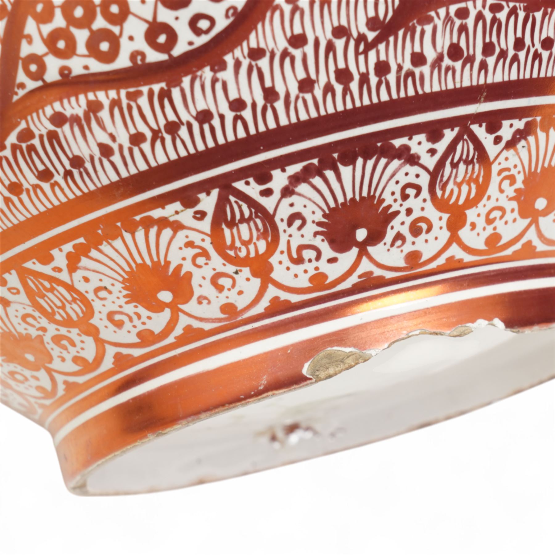 Hispano-Moresque copper four-handled lustre vase, decorated with repeating leaf and foliate patterns, H30cm 