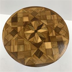 19th century tilt top specimen  table, the circular top inlaid with various woods, on turned mahogany column, quadruple splayed supports with scroll terminals 