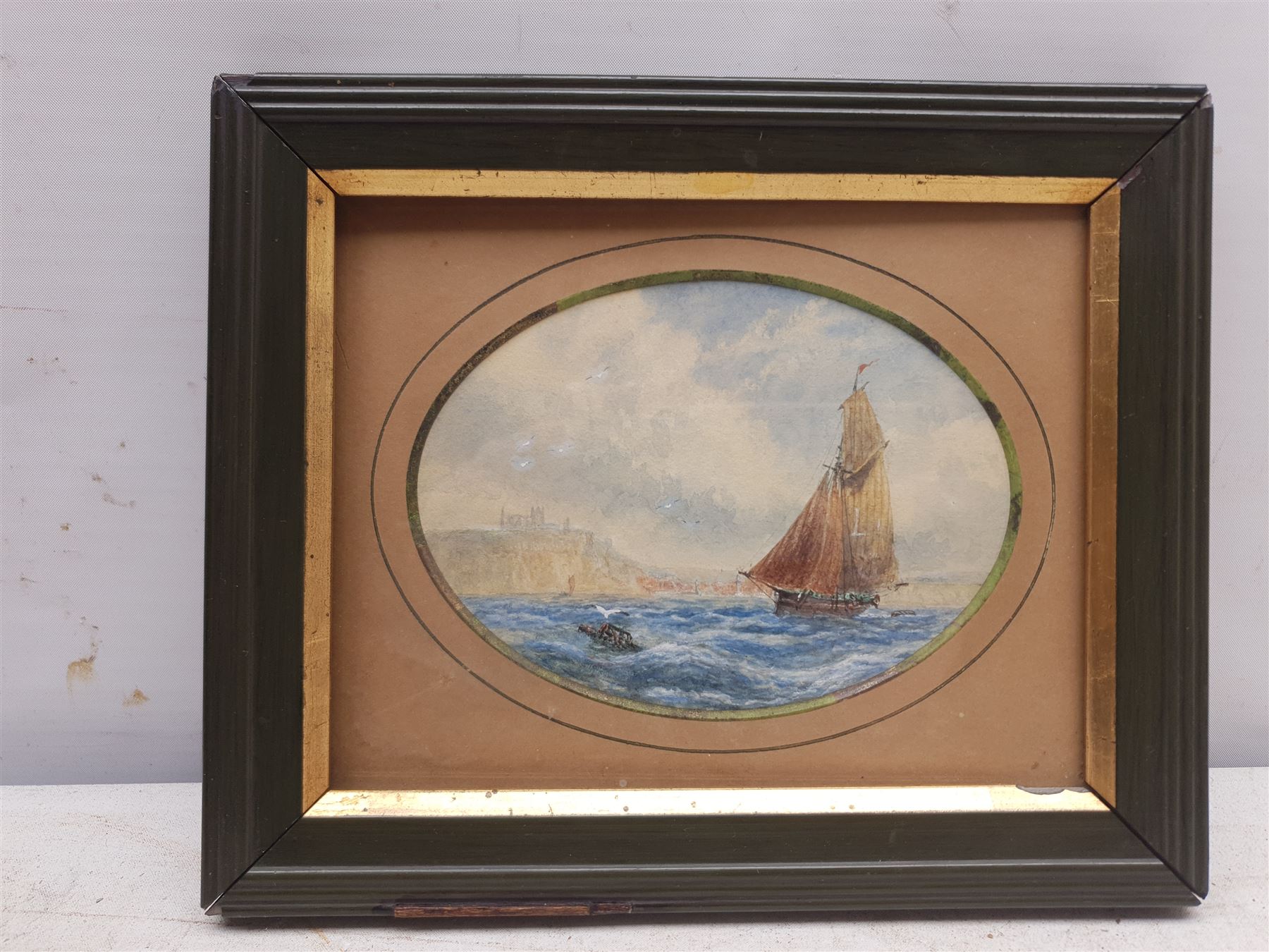 English School (19th century): Lowestoft Fishing Boat off Whitby, oval watercolour unsigned 10cm x 13cm