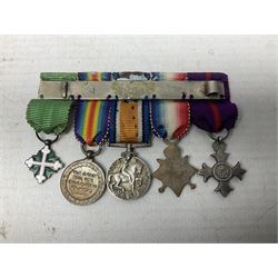 Three miniature groups of five medals - OBE Military group with WW1 trio and Italy Order of Saints Maurice & Lazarus Knights Cross; MBE Military group with WW2 trio and Territorial Efficiency Decoration; and WW2 trio, General Service Medal 1918-62 with Brunei and Arabian Peninsula clasps and GSM 1962 with Borneo clasp; all with ribbons on pinned wearing bars (3)